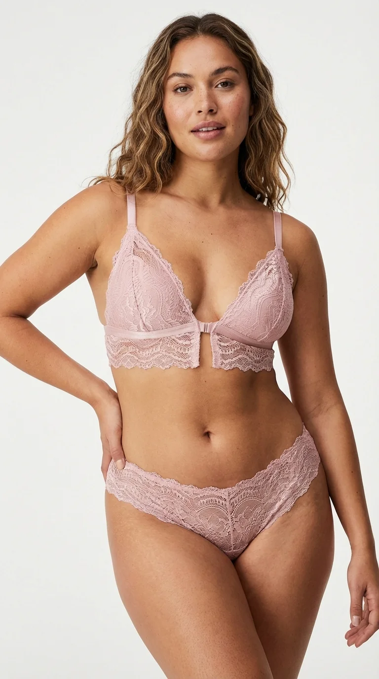 LunaIntim Somon Dantelli Bralet Sütyen Desteksiz (Boş Kap) ve Balensiz Üçgen Model - Model Üzerinde Görünüm